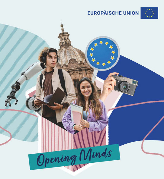 The Text "Lust auf Abenteuer Ausland?" is shown underneath a collage of various European landmarks and two students and the EU flag (blue with golden stars in a circle)