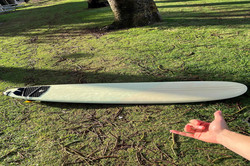 Es zeigt ein Surfboard auf einer Wiese, rechts unten ist Will seine Hand abgebildet