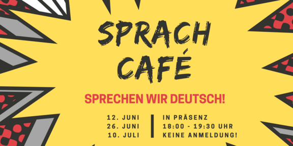 Explosionsblase in welcher die Daten der nächsten Sprachcafé-Treffen stehen.