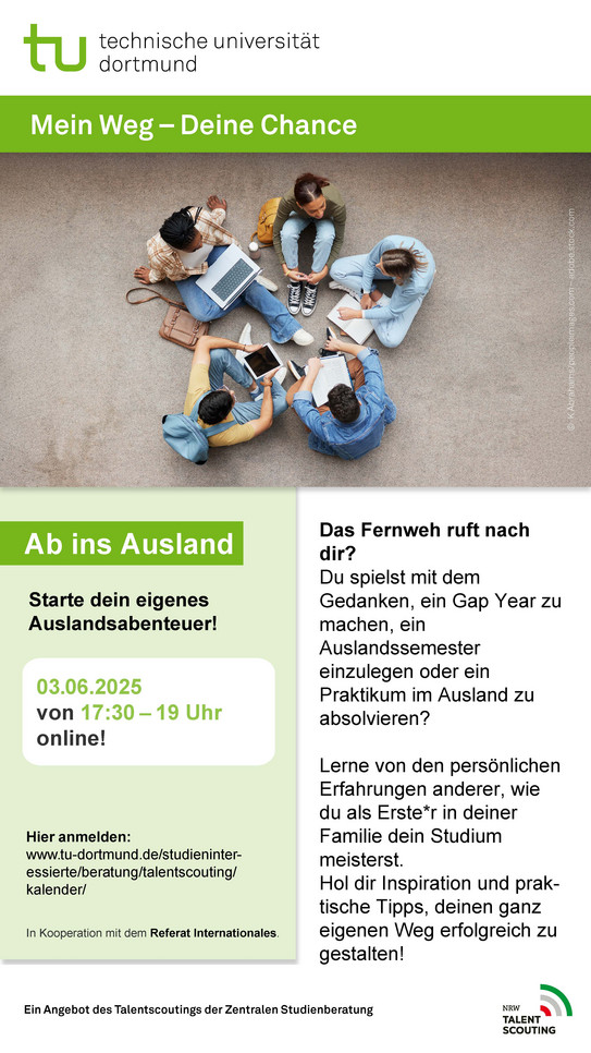 Veranstaltungsflyer. Oben ist ein Bild mit Menschen, die in einer Gruppe sitzen und mit einander sprechen. Unten stehen die Veranstaltungsdetails: Wann? 3. Juni 2025 um 17.30 Uhr. Findet Online statt.