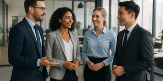Four people in business attire talking