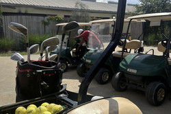 Hier sieht man Golf Carts und Golfbälle. 