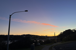Es zeigt den Sonnenuntergang in einer Straße mit vielen Bäumen. Links im Bild befindet sich eine Straßenlaterne und im Hintergrund stehen viele Häuser
