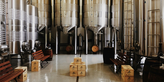 Metal kettles at a brewery