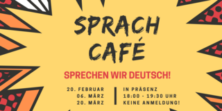 Explosionsblase in welcher die Daten der nächsten Sprachcafé-Treffen stehen.