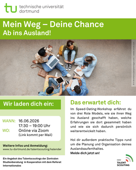 Veranstaltungsflyer. Oben ist ein Bild mit Menschen, die in einer Gruppe sitzen und mit einander sprechen. Unten stehen die Veranstaltungsdetails: Wann? 3. Juni 2025 um 17.30 Uhr. Findet Online statt.