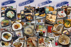 Hier sieht man eine Pinnwand mit koreanischem Essen