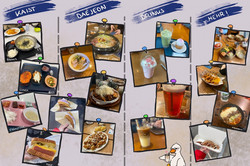 Hier sieht man eine Pinnwand mit zahlreichen verschiedenen Fotos mit koreanischem Essen. 