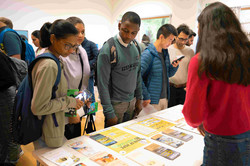 Studierende schauen sich Infomaterial an