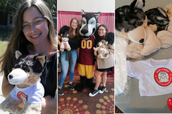 Wolfstuffing Collage Zusehen ist eine Collage. Man sieht Lisa S. und das Wolfstuffing Maskottchen.