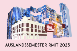 Hier sieht man eine Zeichnung von dem Gebäude von dem RMIT vor einem rosanen Hintergrund mit dem Schriftzug "Auslandssemester RMIT 2023"