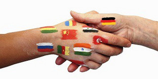 Handshake of two hands printed with flags