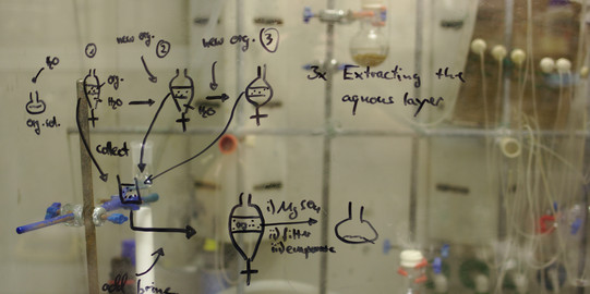 Formulas and handwriting on a wall in the laboratory 