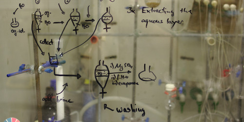 Formeln und Handschrift an einer Wand im Labor