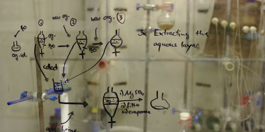 Formulas and handwriting on a wall in the laboratory 