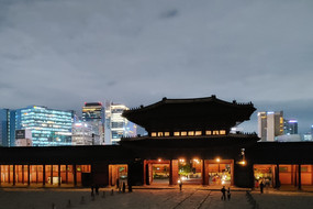 Palast mit Seouls Skyline im Hintergrund