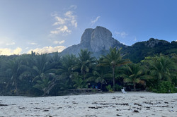 Es zeigt einen Inselstrand mit vielen Palmen, dahinter sind hohe Berge und der blaue Himmel  abgebildet