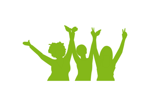 three green silhouettes of women holding each other and throwing their arms in the air for joy (icon, pictogram)