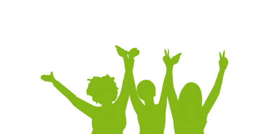 three green silhouettes of women holding each other and throwing their arms in the air for joy (icon, pictogram)