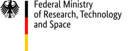 BMFTR A black Federal Eagle and to the right a line going down in the colors of Germany's flag (black, red, gold) and next to the the text "Federal Ministry of Research, Technology and Space"