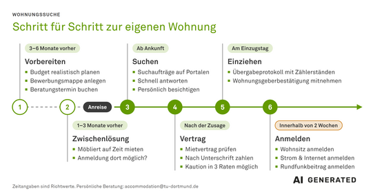 AI generated -   Zeitstrahl der Wohnungssuche in sechs Schritten, zwei vor und vier nach der Anreise. 1. Vorbereiten, 3–6 Monate vorher: Budget realistisch planen, Bewerbungsmappe anlegen, Beratungstermin buchen. 2. Zwischenlösung, 1–3 Monate vorher: möbliert auf Zeit mieten und prüfen, ob eine Anmeldung dort möglich ist. Dann folgt die Anreise. 3. Suchen, ab Ankunft: Suchaufträge auf Portalen anlegen, schnell antworten, persönlich besichtigen. 4. Vertrag, nach der Zusage: Mietvertrag prüfen und erst nach der Unterschrift zahlen; die Kaution ist in drei Raten möglich. 5. Einziehen, am Einzugstag: Übergabeprotokoll mit Zählerständen erstellen und die Wohnungsgeberbestätigung mitnehmen. 6. Anmelden, innerhalb von zwei Wochen: Wohnsitz anmelden sowie Strom, Internet und Rundfunkbeitrag anmelden.