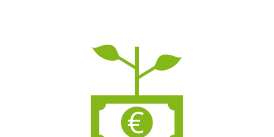 Ein gruener Eurogeldschein, aus dem eine Pflanze waechst (Icon, Piktogramm)