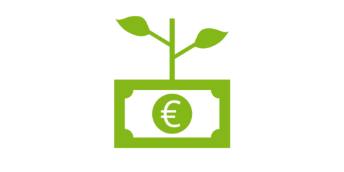 Ein gruener Eurogeldschein, aus dem eine Pflanze waechst (Icon, Piktogramm)