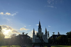 Jackson Square Hier sieht man eine große Rasenfläche mit einer Kirche und ausgefallenen Bäumen.