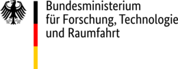 Ein Bundesadler in schwarz, rechts daneben eine Linie nach unten in den Farben der Deutschlandflagge (schwarz, rot, weiß) und daneben der Schriftzug "Bundesministerium für Forschung, Technologie und Raumfahrt"