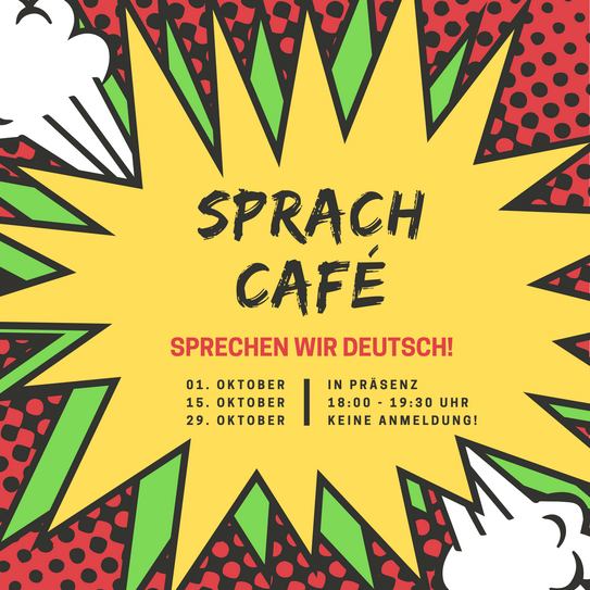 Explosionsblase in welcher die Daten der nächsten Sprachcafé-Treffen stehen.
