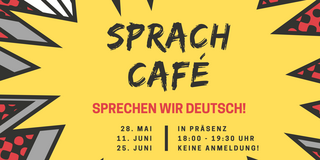 Explosionsblase in welcher die Daten der nächsten Sprachcafé-Treffen stehen