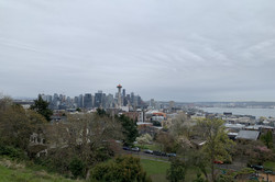 Hier sieht man die Skyline von Seattle bei bewölktem Himmel. 