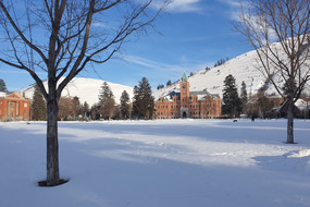 Der Campus der University of Montana versunken im Schnee.