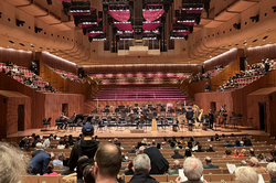 Es zeigt ein Konzerthaus im braunlichen Stil, vorne auf der Bühne steht ein Quartett, an den Seiten und in der Mitte befinden sich Sizplätze