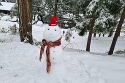 Hier sieht man einen Schneemann mit roter Mütze und kariertem Schal. 