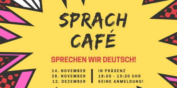 Explosionsblase in welcher die Daten der nächsten Sprachcafé-Treffen stehen.