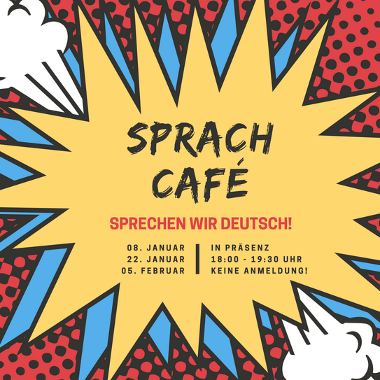 Explosionsblase in welcher die Daten der nächsten Sprachcafé-Treffen stehen