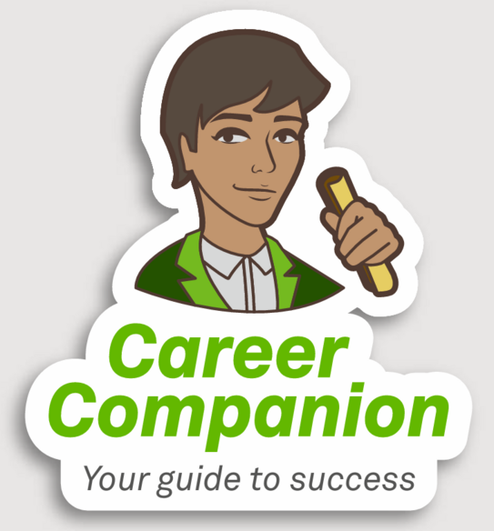 Logo Career Companion, eine Person im Anzug, die eine Rolle in der Hand hält und über dem Schriftzug "Career Companion - your guide to sucess" thront.