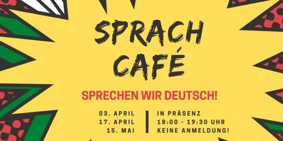 Explosionsblase in welcher die Daten der nächsten Sprachcafé-Treffen stehen.