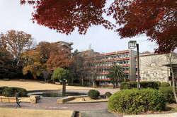 Gebäude auf dem Campus der Nanzan University, Herbstbäume