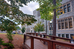 Campus im Herbst Auf dem Bild sieht man die einen Pfad, der zur Bibliothek führt, die hinter Bäumen versteckt ist. Die Bibliothek sieht aus wie eine alte Burg und die Blätter der Bäume werden so langsam gelb.