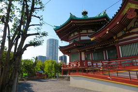 Der Shinobazu-no-ike Benten-do-Tempel steht im Ueno Park, vor den Hochhäusern Tokyos.