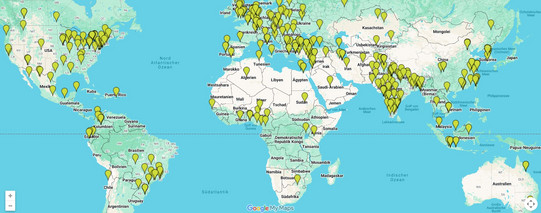  World map with pins of alumni countries of origin
