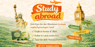 Auf dem Bild erkennt man eine Ausschreibung für einen neuen Kurs für Menschen, die ins Ausland gehen wollen. Links ist die Freiheitsstatue zu sehen und rechts ein paar Wegweiser. 