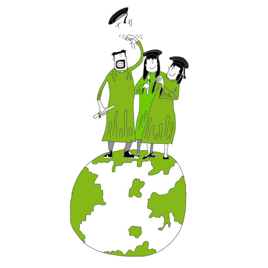 Drawn picture of graduates standing on a globe.
