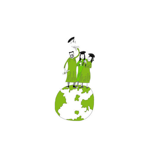 Drawn picture of graduates standing on a globe.