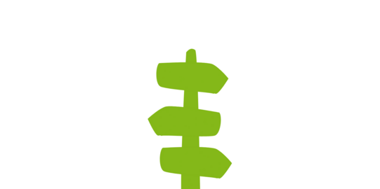 Ein grünes Schild, welches in drei verschiede Richtungen zeigt