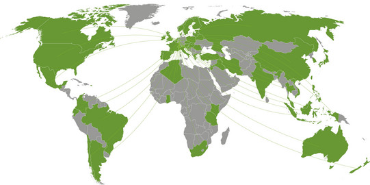world map with conections to countries abroad