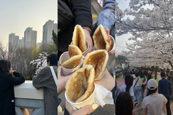 Man sieht 3 verschiedene Bilder. Auf dem ersten sind zwei Personen abgebildet, die sich auf eine Mauer stützen. Auf dem zweiten sieht man fünf Hände, die koreanische Pfannkuchen halten. Auf dem dritten Bild sieht man eine Masse an Menschen, die spazieren gehen.