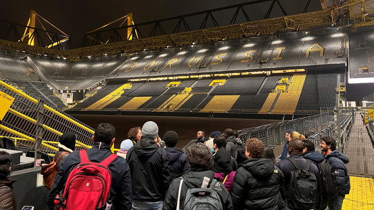 People are looking into a soccer stadium from the ranks.